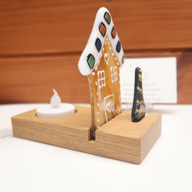 Gingerbread House Tealight Holder with Wooden Base