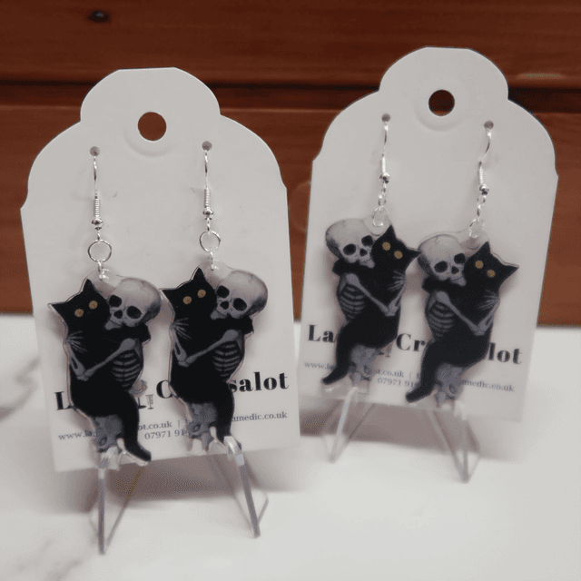 Skeleton Cuddles Cat Earrings